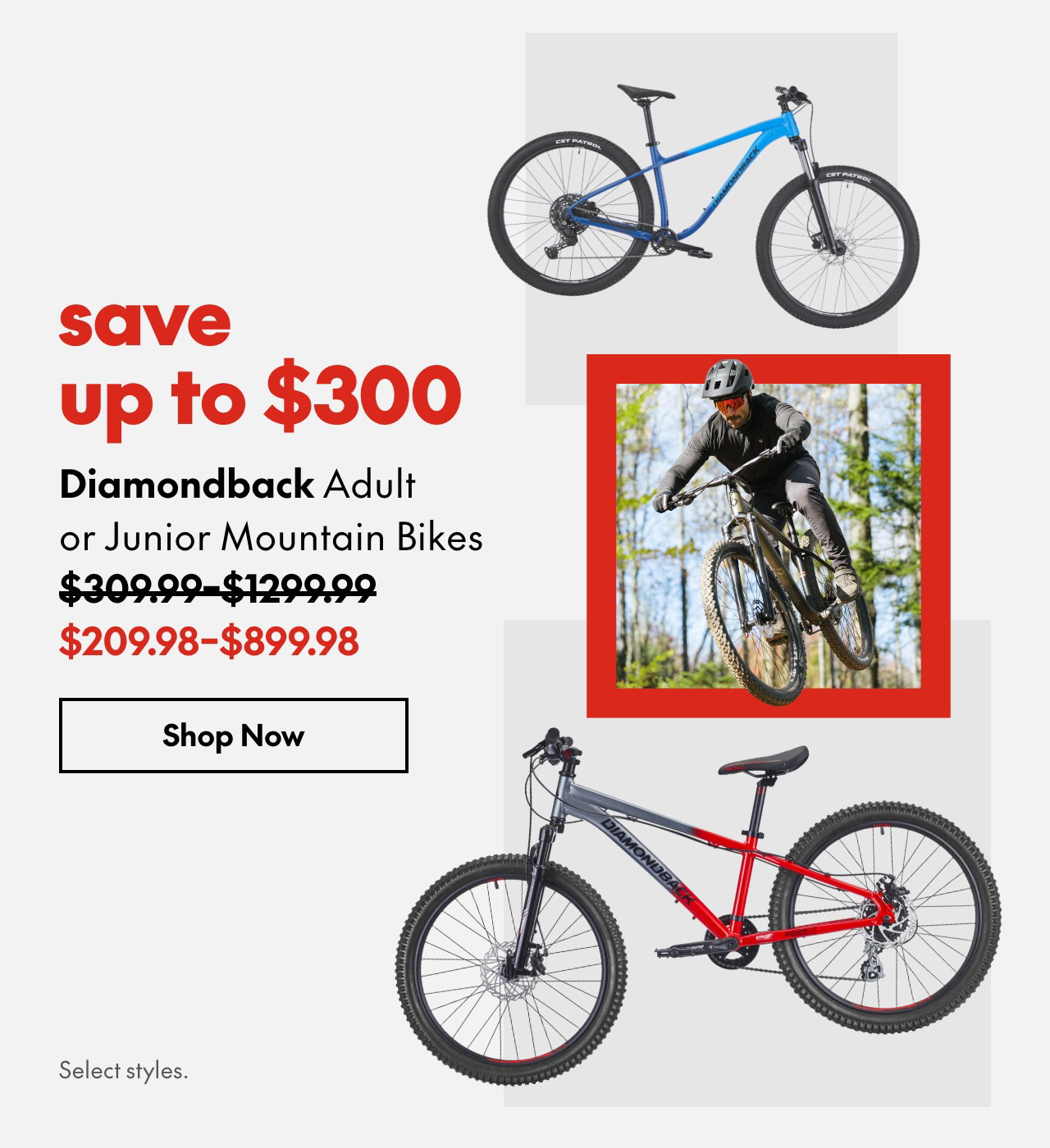 Diamondback Adult or Junior Mountain Bikes
save up to $300
309.99-1299.99 (Strikethrough)
209.98-899.98
Select styles.