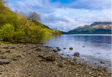 A tranquil lakeside scene with rocky shore, lush greenery, and distant hills under a cloudy sky.