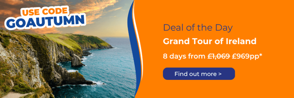 Scenic coastline with cliffs and ocean under a cloudy sky, promoting a tour of Ireland.