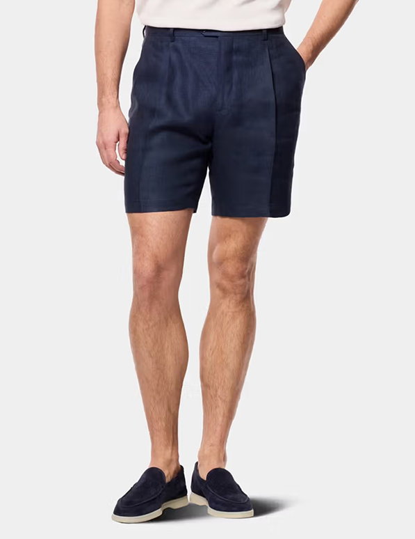 Navy Pleated Linen Shorts