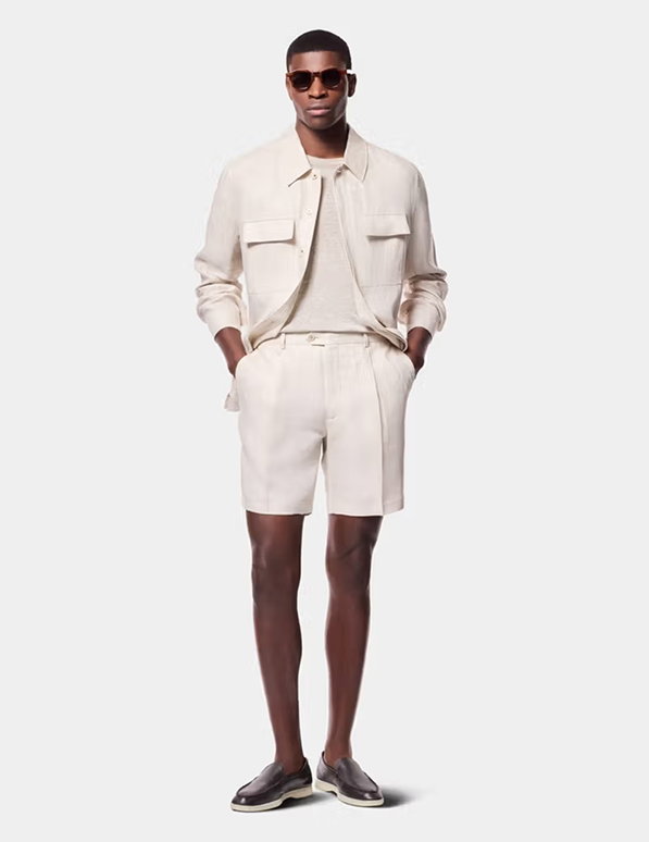 Beige Pleated Linen Shorts