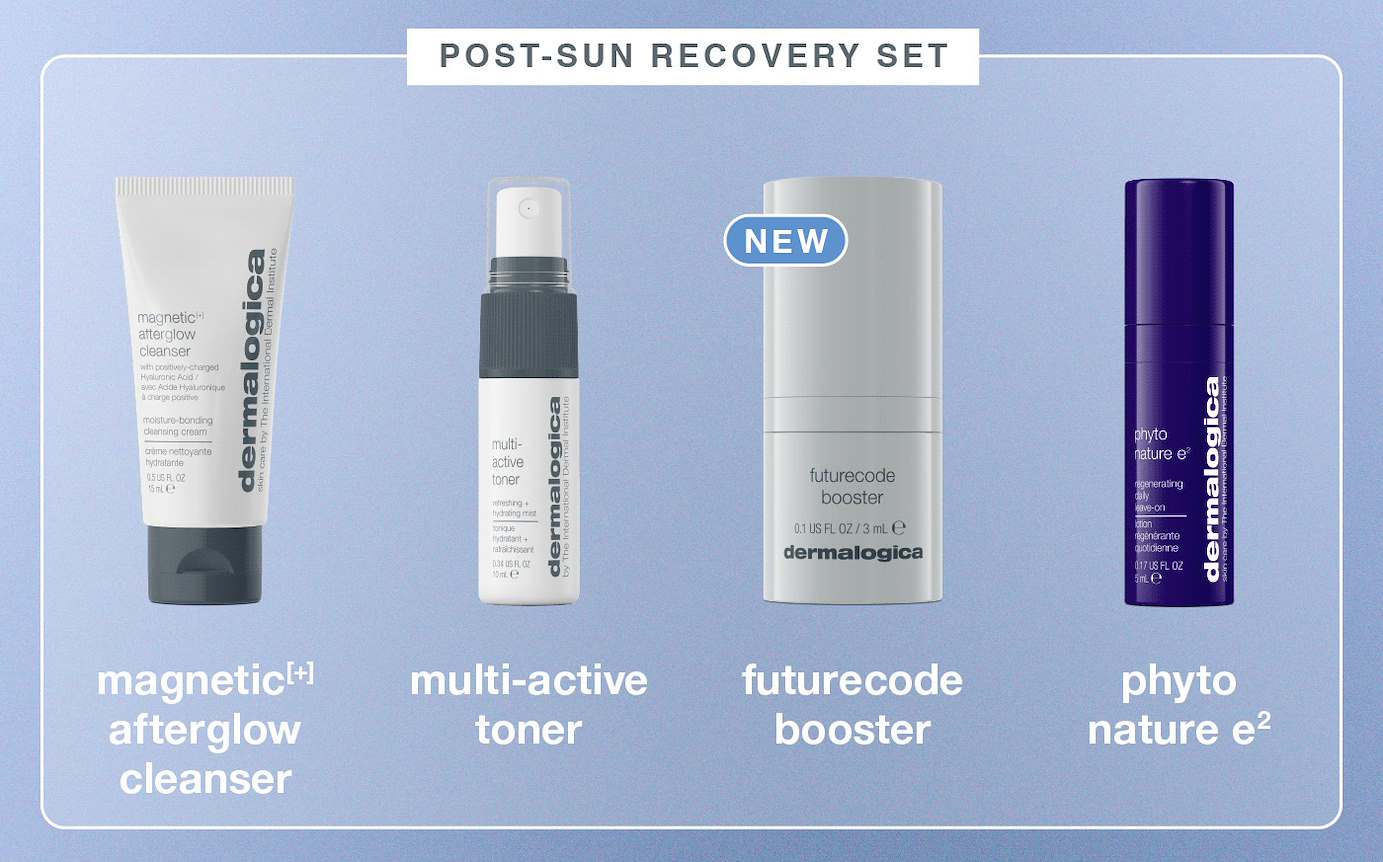 post sun recovery set | magnetic[+] afterglow cleanser | multi-active toner | new futurecode booster | phyto nature e2