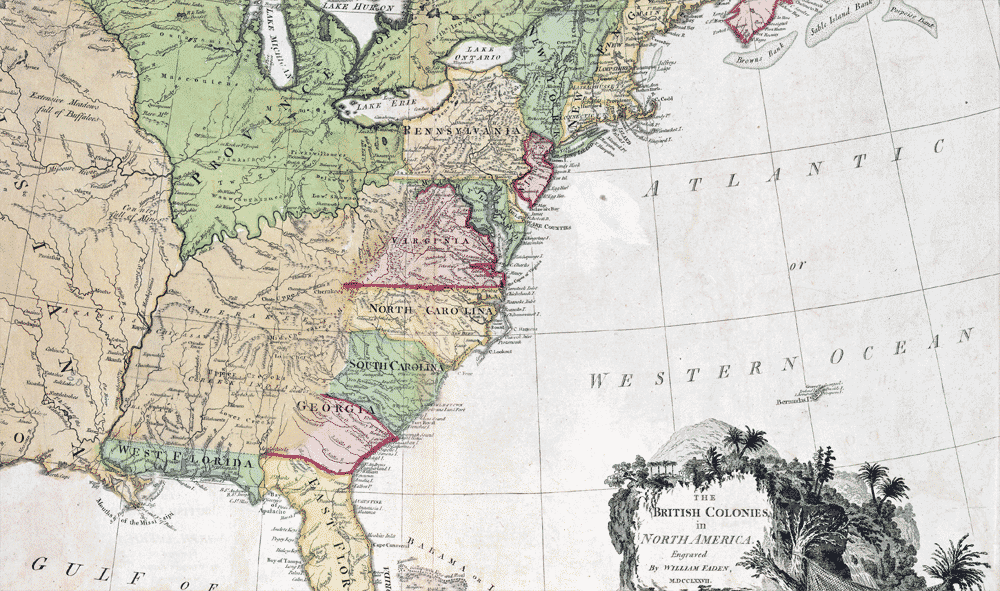 A historical map depicting the eastern part of North America, highlighting the British Colonies, surrounding territories, and bodies of water including the Atlantic Ocean and the Gulf of Mexico.