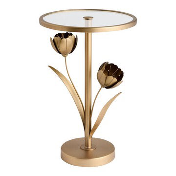 Belle Round Glass and Bronze Flower Shaped Pedestal Side Table