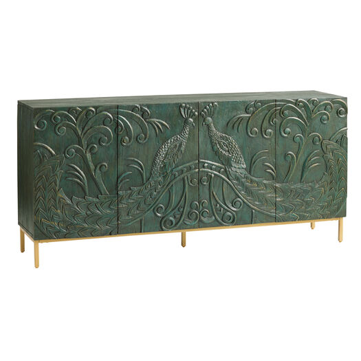 CRAFT Teal Hand Carved Wood Peacock 4 Door Storage Cabinet