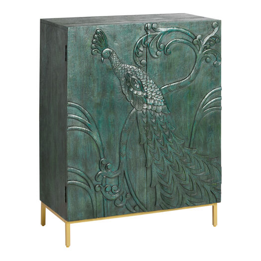 CRAFT Short Teal Carved Wood Peacock Storage Cabinet