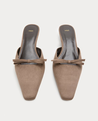 Dark Grey Bow Detail Kitten Heel Chisel Toe Mules