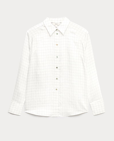 White Mix Lyocell Rich Checked Collared Oversized Shirt