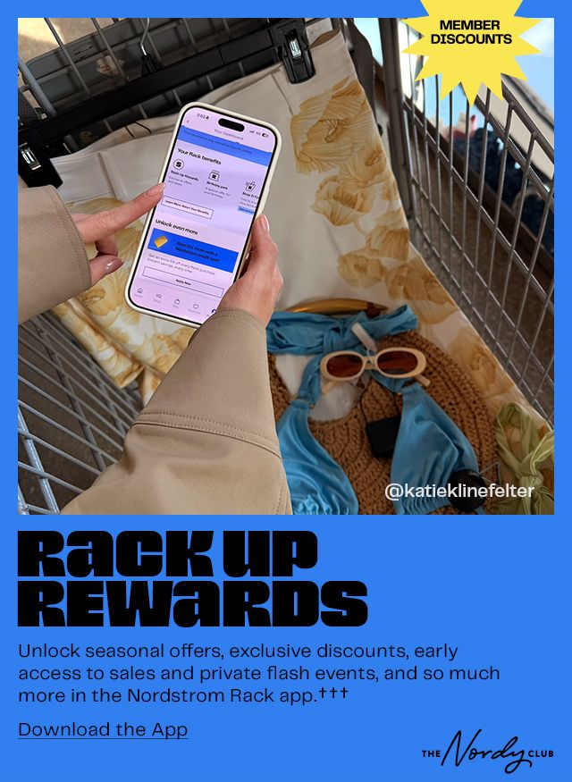 Nordy Club member discounts with Rack Up Rewards. A woman holding a shopping bag.