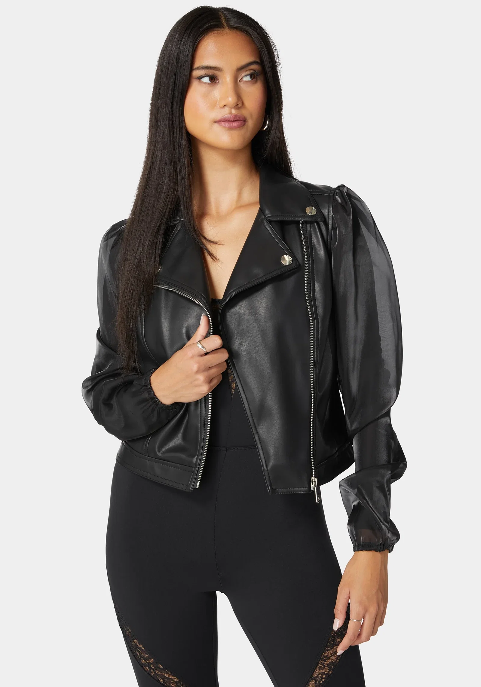 Image of Ruched Organza Sleeve Vegan Leather Moto Jacket