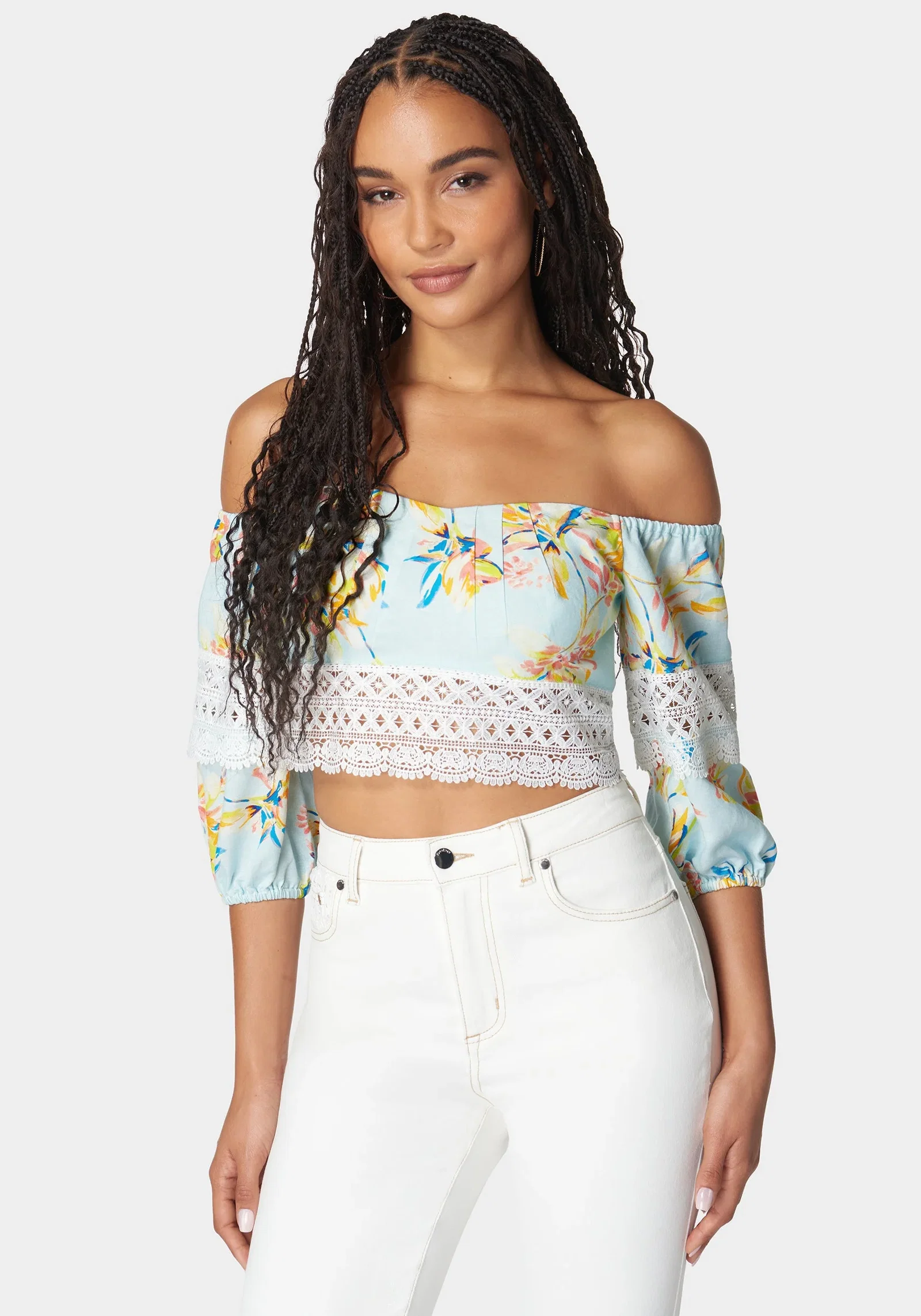 Image of Off Shoulder Crochet Lace Detail Linen Top