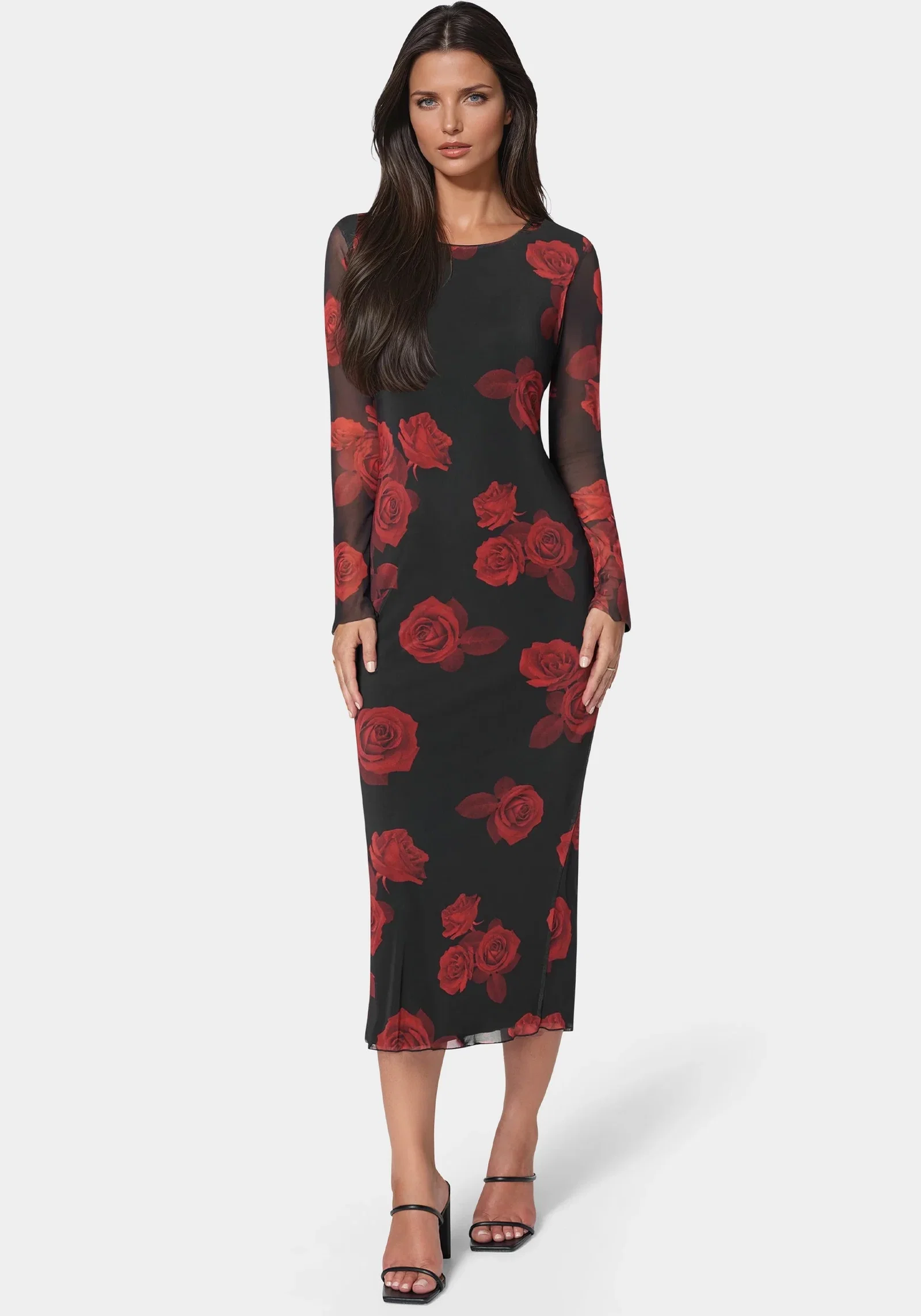 Image of Long Sleeve Printed Powermesh Maxi