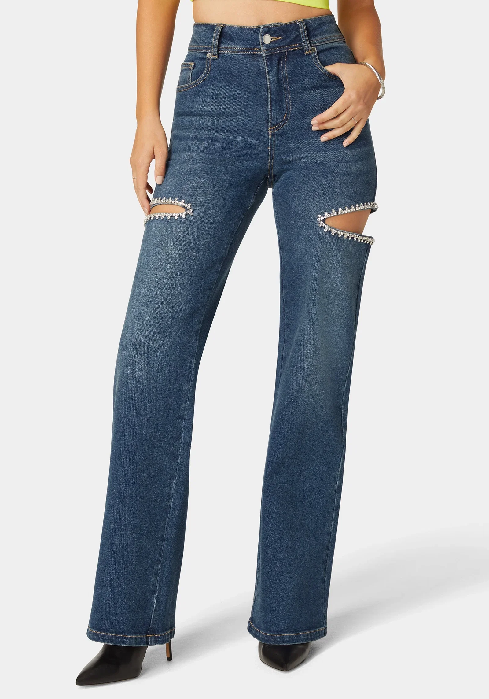 Image of High Waist Studded Cut Out Wide Leg Jean