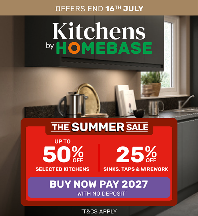 Up to 50% off selected kitchens. 25% off sinks, taps & wirework. Offers end 16th July. Buy now, pay 2027