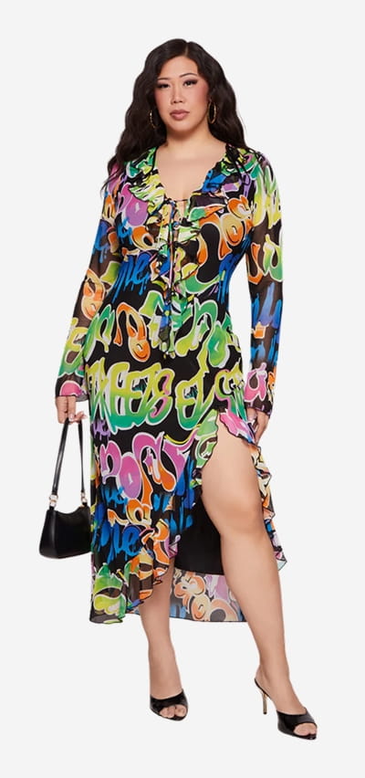 Shop Plus Size Graffiti Ruffled Thigh Slit Maxi Dress