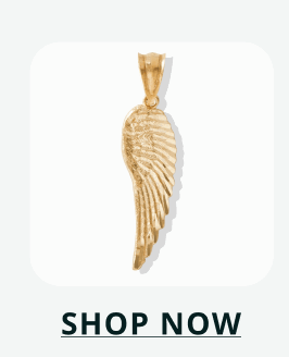 Detailed gold single angel wing pendant. Click here to shop now