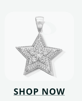 Silver star pendant encrusted with tiered, dimensional diamonds. Click here to shop now