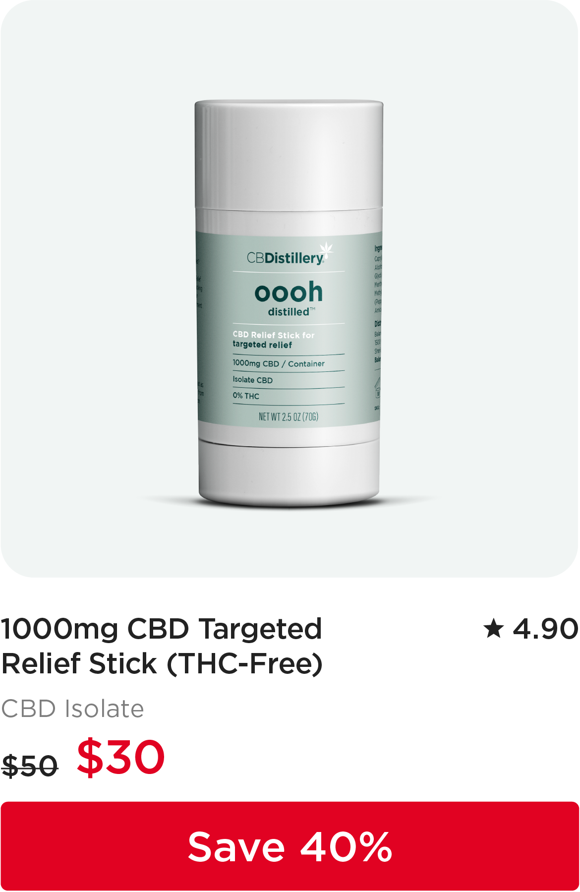 1000mg CBD Targeted Relief Stick (THC-Free), originally $50, now $30. Save 40%