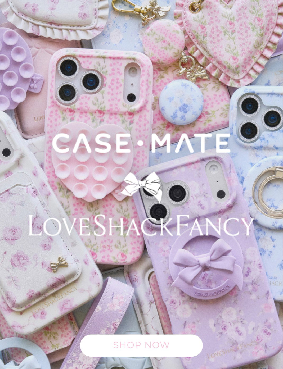 A collage of all the new products featured in the Case-Mate x LoveShackFancy collection.