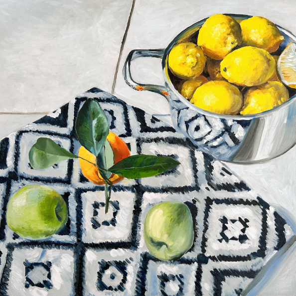 Painting of lemons on table