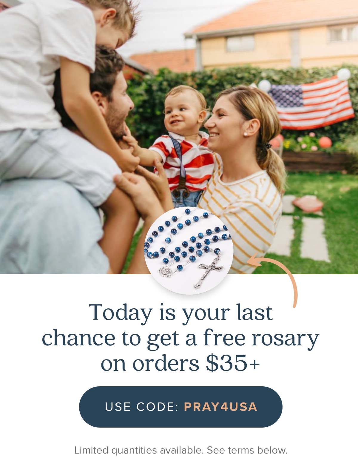 Today is your last chance to get a free rosary on orders $35+. Use Code: PRAY4USA
