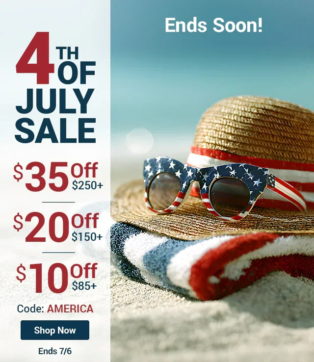 Ends Soon! 4th of July Sale. $35 off $250, $20 off $150, $10 off $85. Shop Now. Code: AMERICA. Ends 7/6.