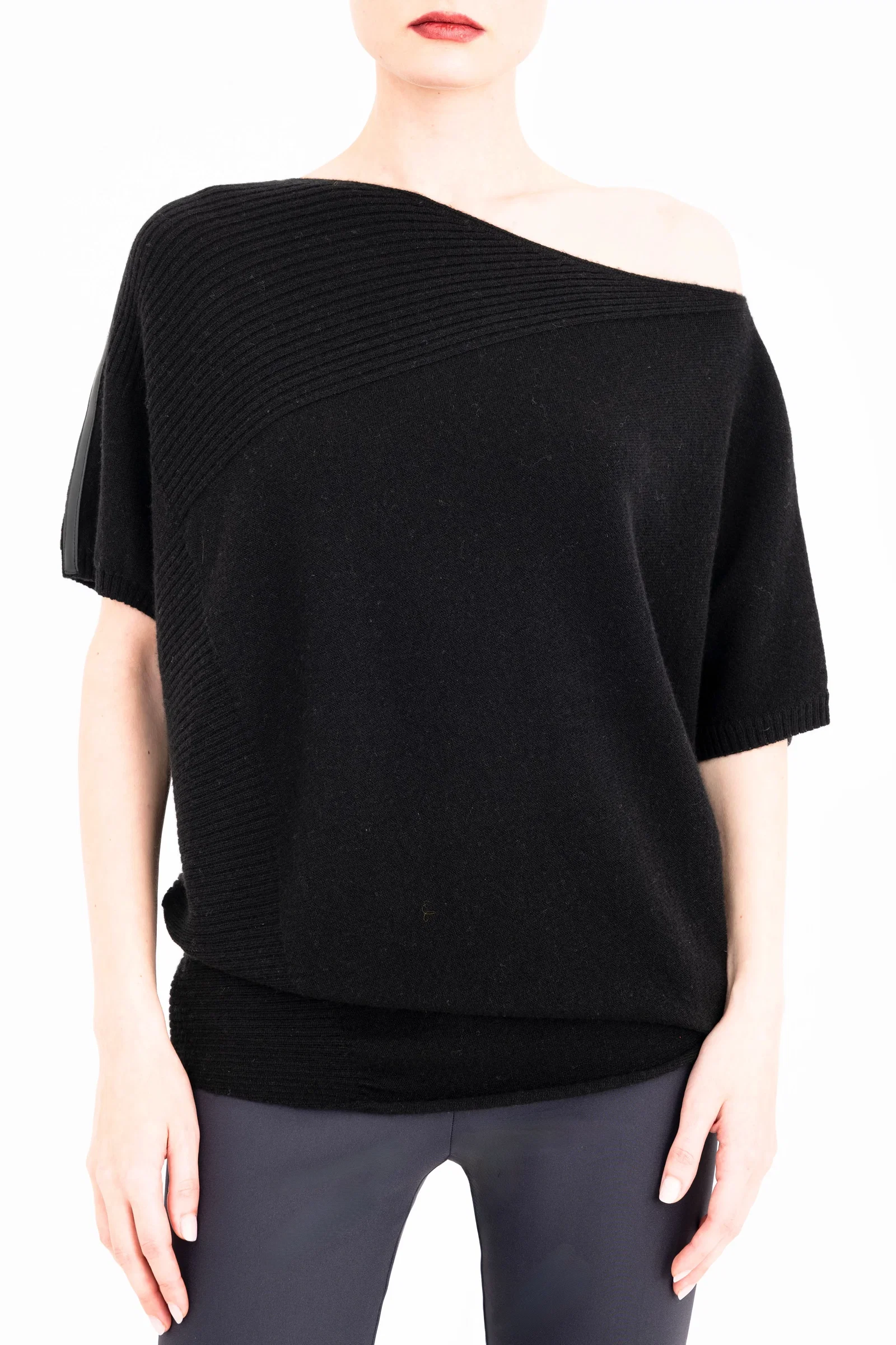 Image of Cashmere Blend Asymmetrical Shell Top with Vegan Leather Trim - CARRARA