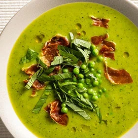 Zucchini, Leek, and Pea Soup with Crispy Prosciutto