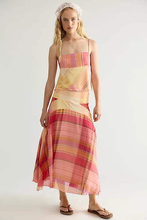 Breezy Plaid Midi Skirt Set
