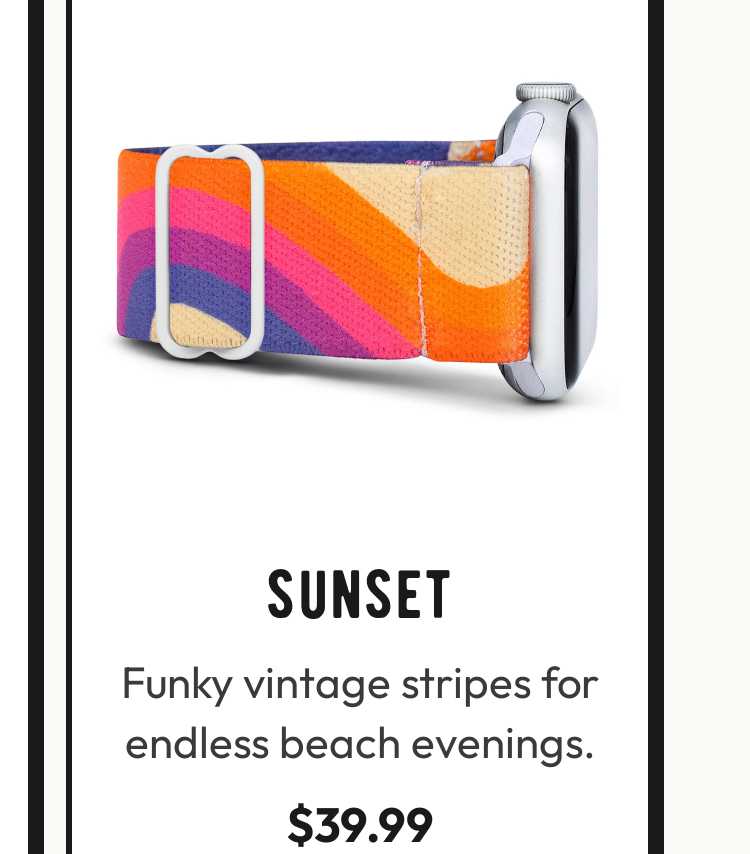 Sunset Apple Watch band. Funky vintage stripes for endless beach evenings. $39.99.