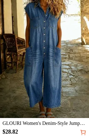 GLOURI Women's Denim-Style Jumpsuit - Sleeveless Collared Neck, Button Front, Wide Leg Loose Fit Casual Playsuit