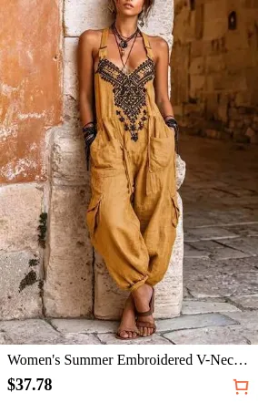 Women's Summer Embroidered V-Neck Sleeveless Jumpsuit, Boho Style Loose Cargo Overalls With Pockets For Vacation Casual