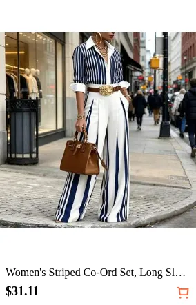 Women's Striped Co-Ord Set, Long Sleeve Top & Belted Wide-Leg Pants, Elegant Outfit For Business & Daily Wear (Belt Included)