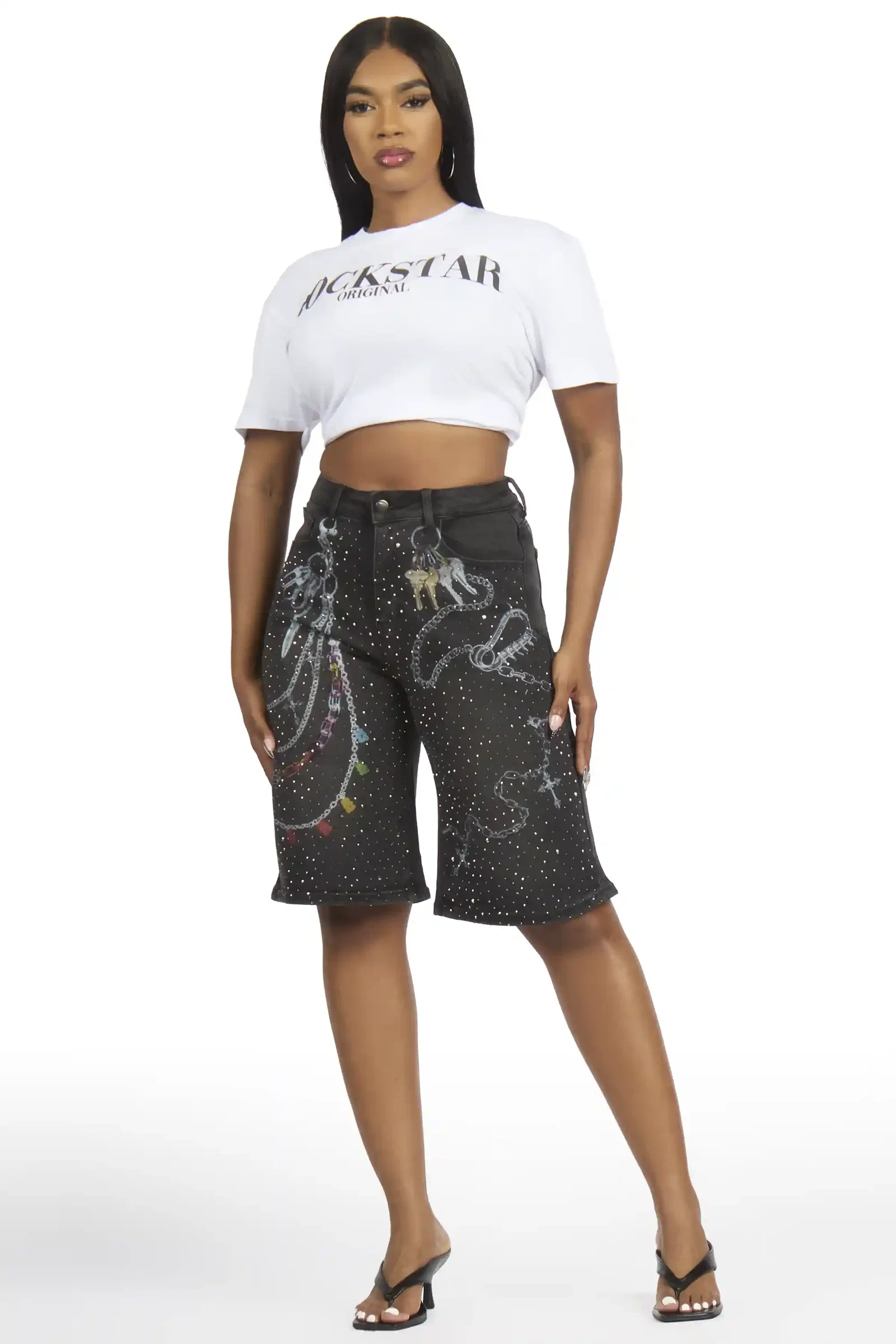 Image of Anneshia Black Rhinestone Denim Jort