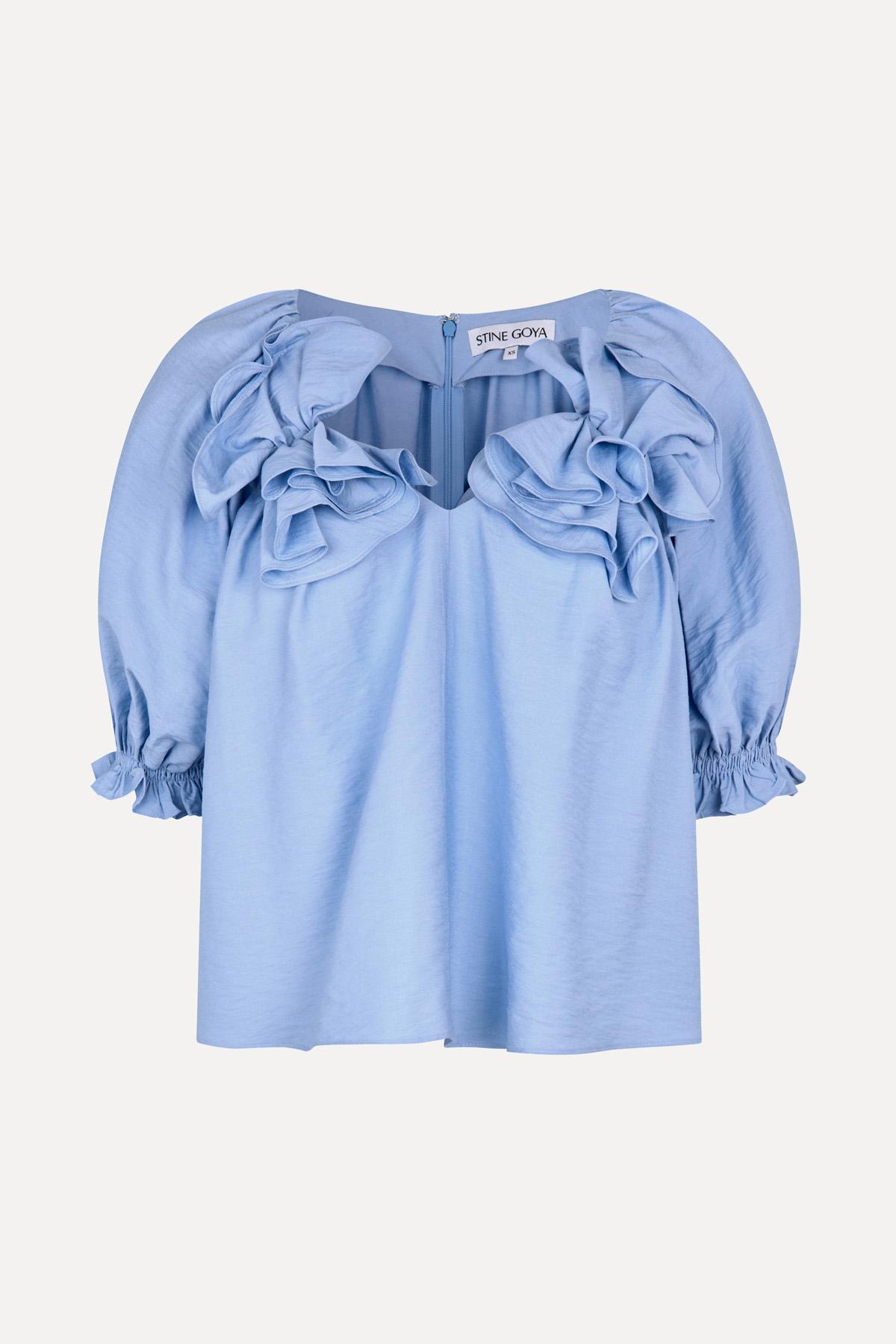 Puff Sleeve Top With Flower Details - Bel Air Blue