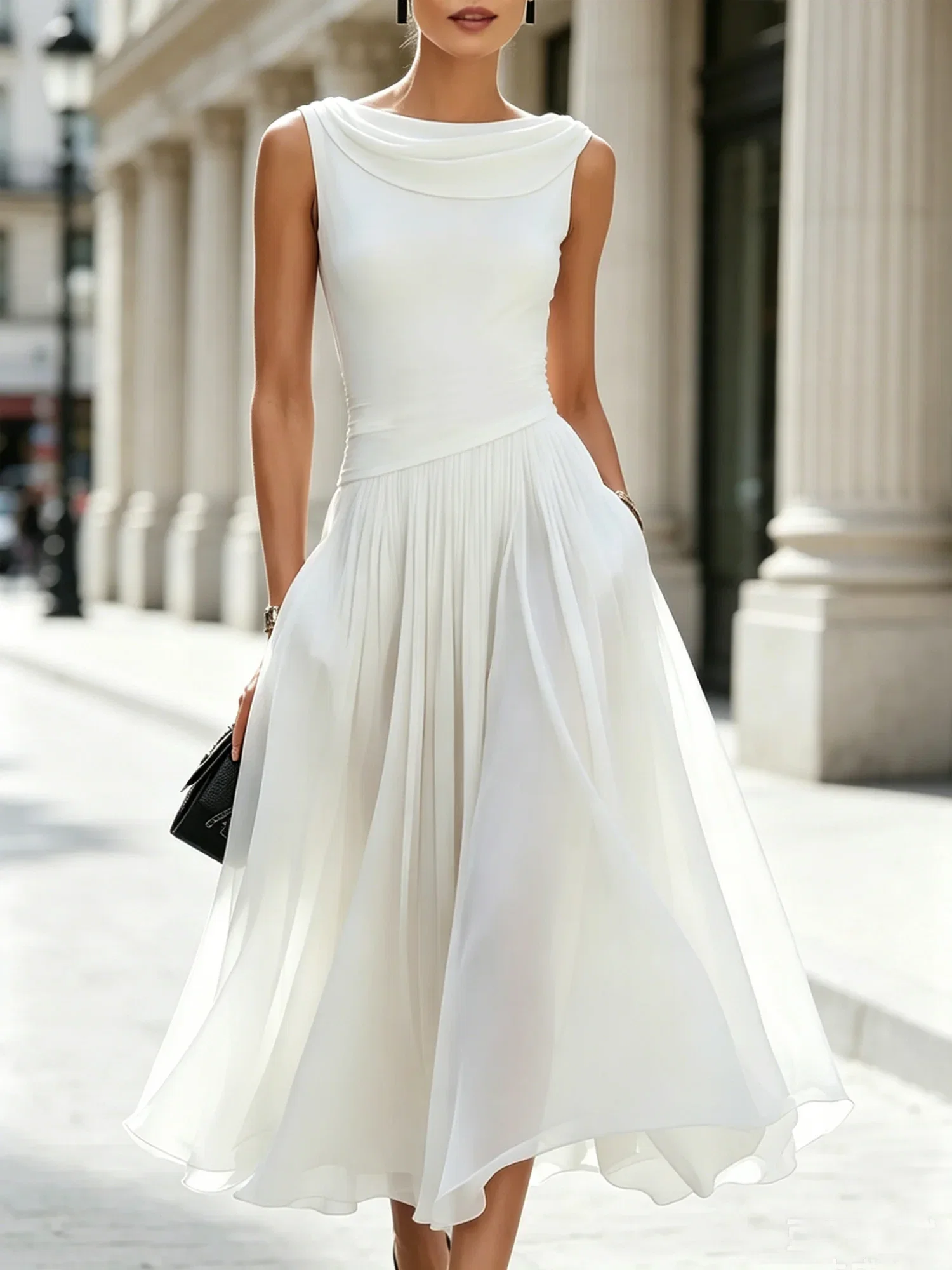 Image of Elegant Plain Pleated Cowl Neck Midi Dress
