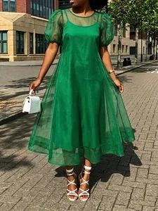 Image of Elegant Puff Sleeve Two-Piece Midi Dress