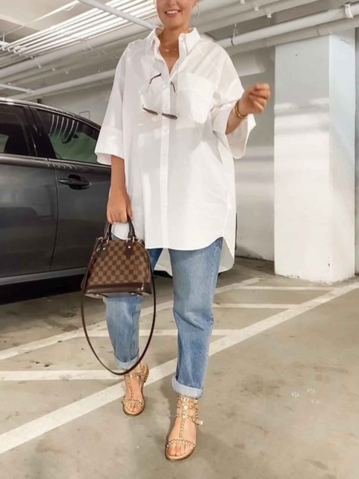 Image of Loose Shirt Collar Plain Casual Blouse