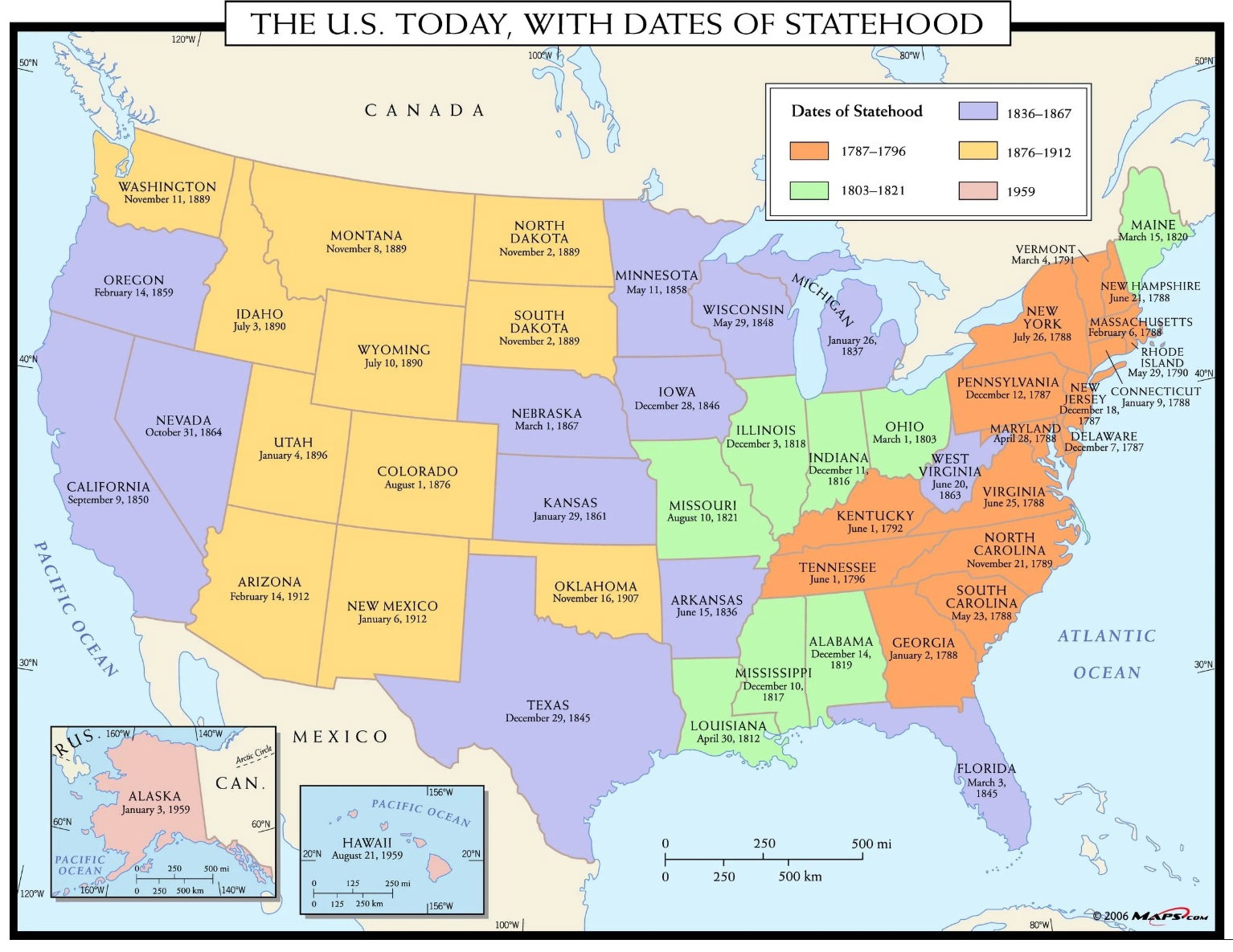 The US Today with Dates of Statehood