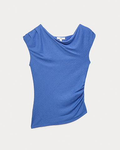 Blue Asymmetric Mesh Drape Top