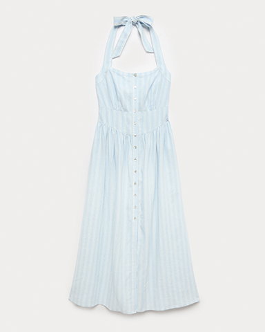 Blue Mix Linen Rich Halterneck Maxi Dress