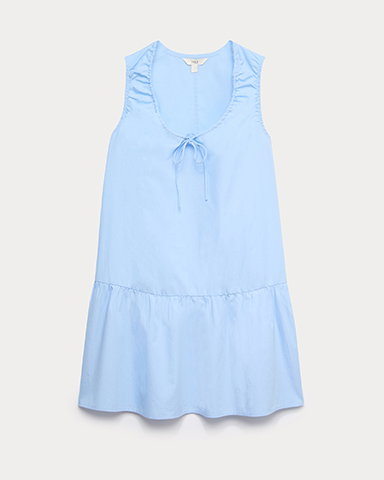 Pale Blue Pure Cotton Tie Detail Mini Tiered Dress