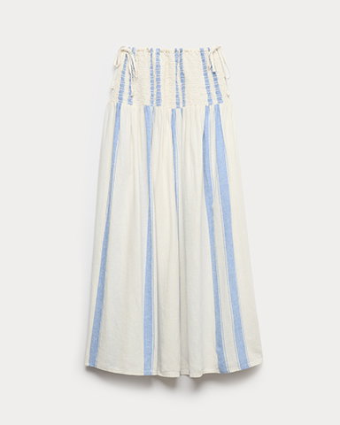 Blue Mix Linen Rich Shirred Tie Detail Maxi Skirt
