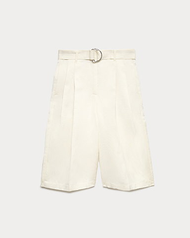 Ivory Linen Blend High Waisted Belted Bermuda Shorts