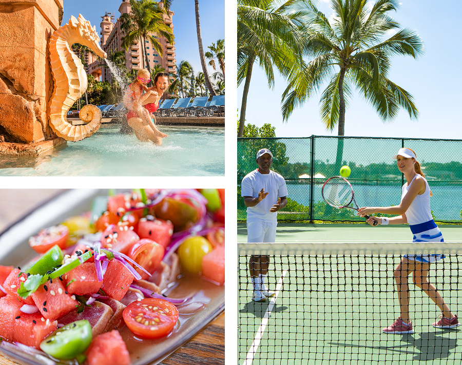 A collage featuring resort activities: playing tennis, splashing in a pool by a seahorse fountain, and fresh tuna ceviche.