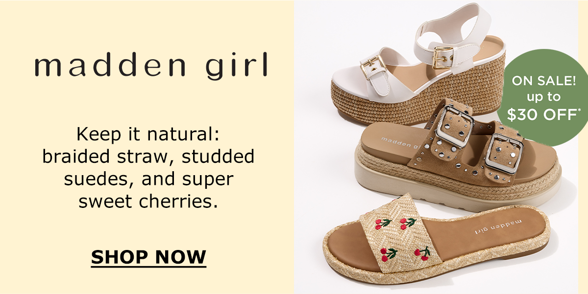 Madden Girl | Keep it natural: braided straw, studded suedes, and super sweet cherries. | SHOP NOW
