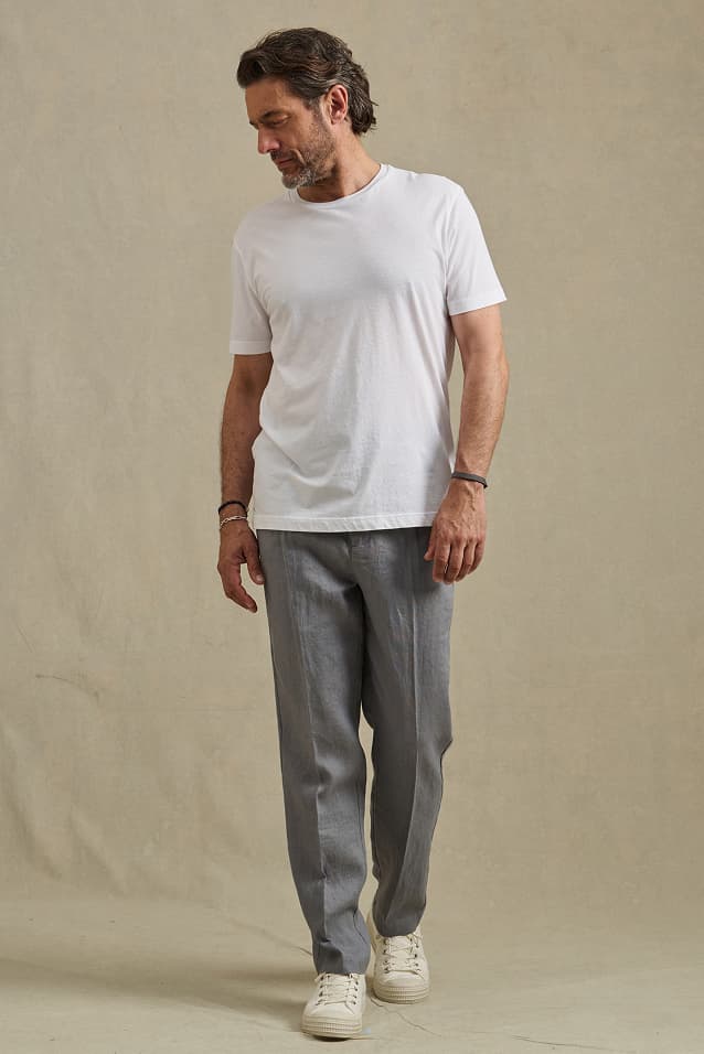 Image shows a model wearing the Elliot Top in Steel.