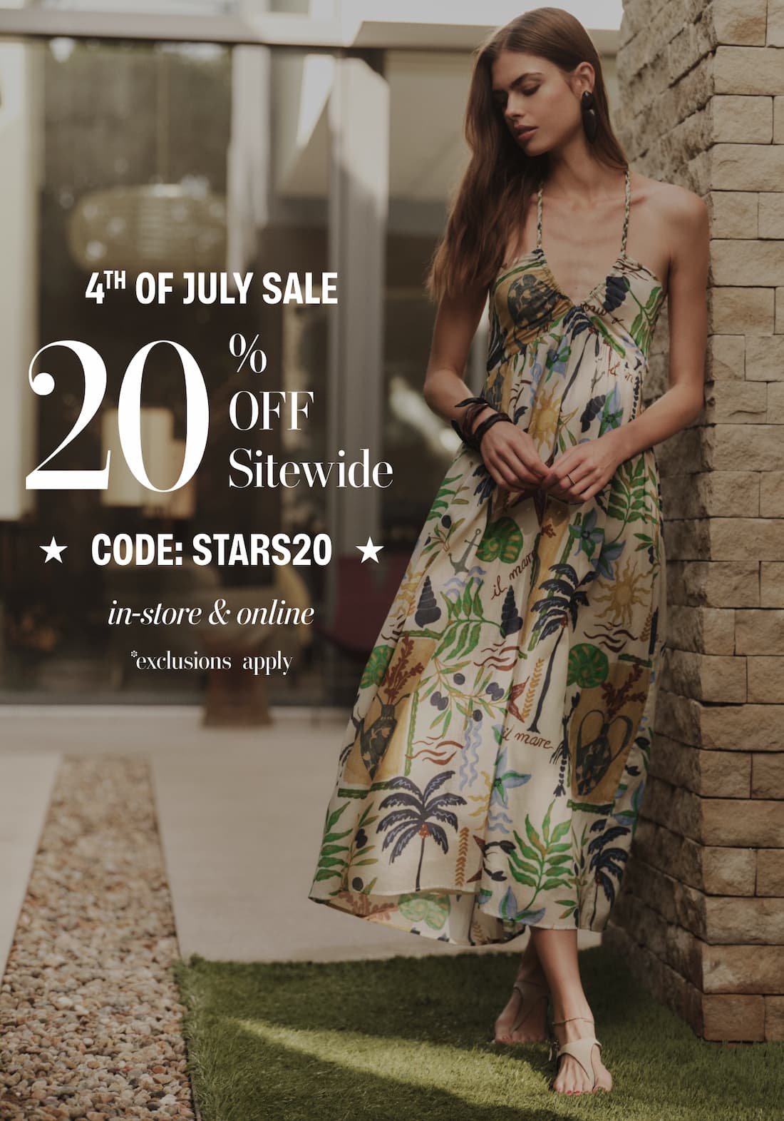 Image shows a model wearing the Leyla Dress in Multi. Text Reads: 1 DAY V.I.P Early Access 4th OF JULY SALE 20% OFF SITEWIDE CODE:STARS20, in-store&online with exclusions apply.