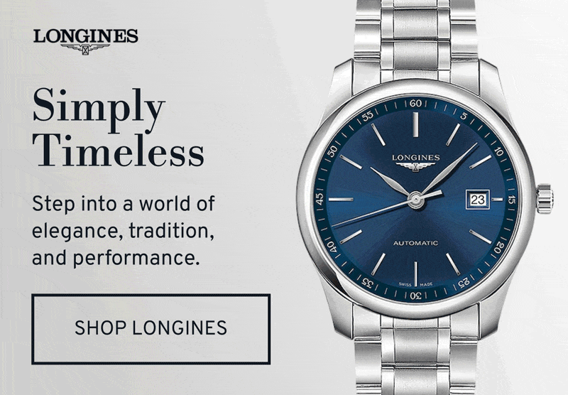 Slide show of silver watch with blue dial and silver and gold watch. Simply Timeless. Click to Shop Longines