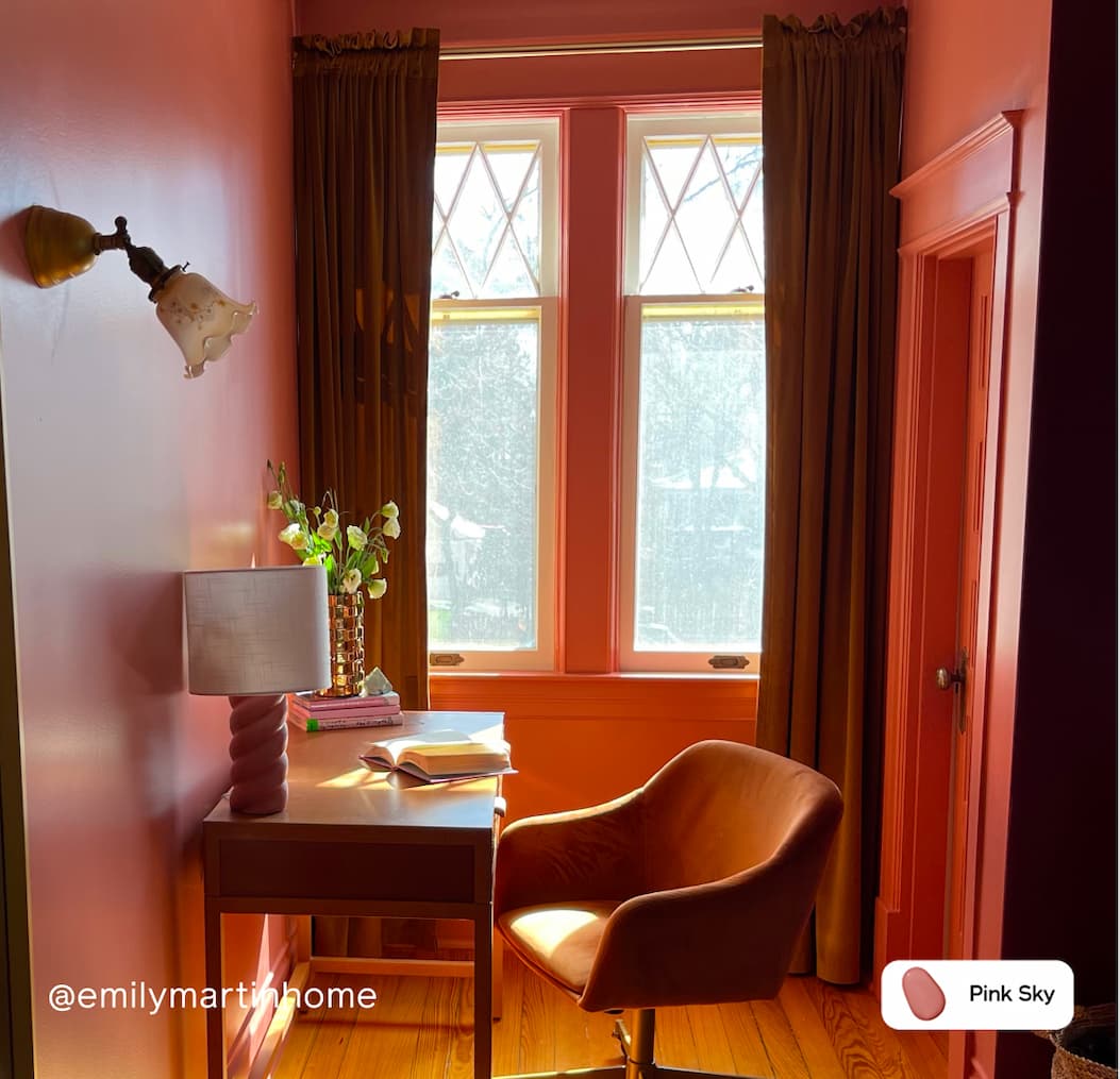 Home office featuring dark pink paint color Pink Sky